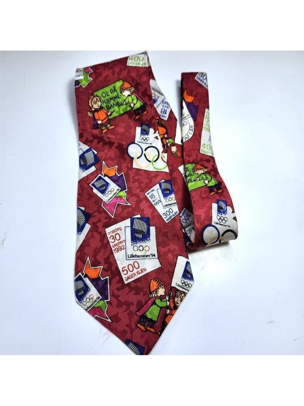 Vintage Olympic Necktie Tie Lillehammer 94 Silk Red Winter Olympics 54"